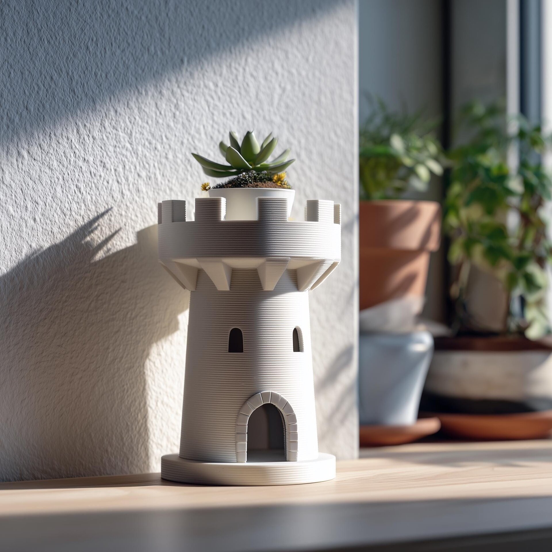 Plantoir en forme de tour de château imprimé en 3D