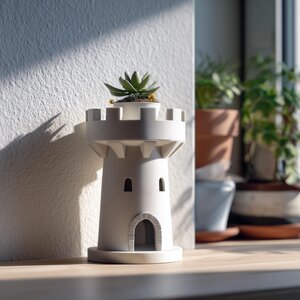 Plantoir en forme de tour de château imprimé en 3D