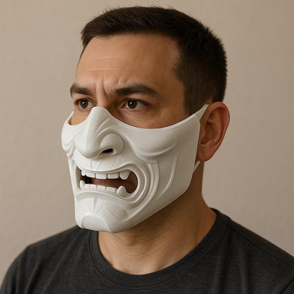 Masque demi-visage de démon Oni imprimé en 3D