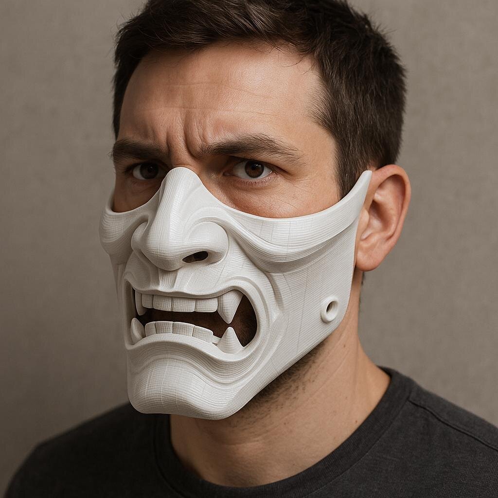 Demi-masque Oni samouraï blanc imprimé en 3D
